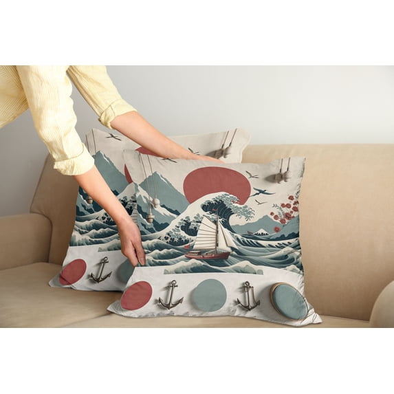 Ambesonne Nautical Throw Pillow Cover Pack of 2, Waves Sun Sakura Anchor, 2 Pcs-40"x40", Pale Ruby and Cadet Blue