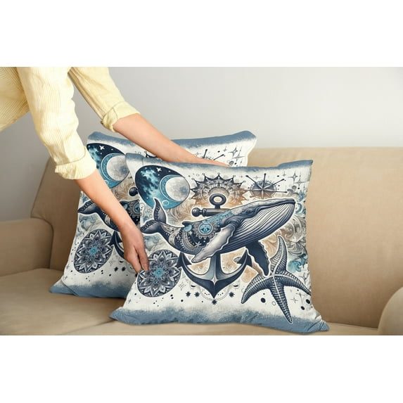 Ambesonne Nautical Throw Pillow Cover Pack of 2, Whale Anchor Mandala Night, 2 Pcs-36"x16", Indigo Amber
