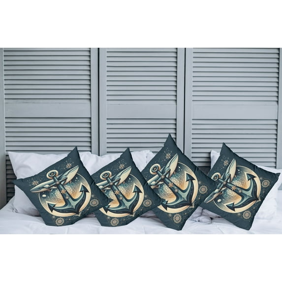 Ambesonne Nautical Throw Pillow Cover Pack of 4, Anchor with Whales Compass, 4 Pcs-16" x 16", Petrol Blue Beige