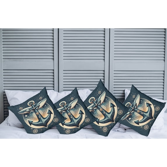Ambesonne Nautical Throw Pillow Cover Pack of 4, Anchor with Whales Compass, 4 Pcs-40"x40", Petrol Blue Beige