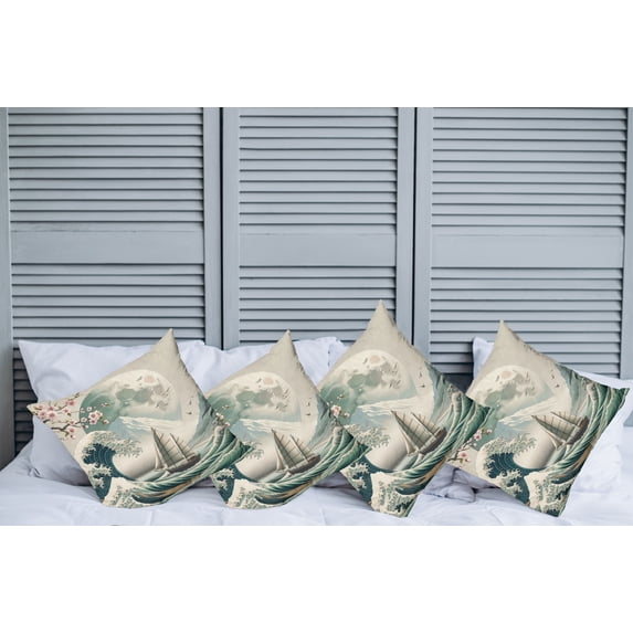 Ambesonne Nautical Throw Pillow Cover Pack of 4, Asian Wave Cherry Blossom, 4 Pcs-36"x36", Seafoam Coconut Pink