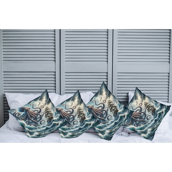 Ambesonne Nautical Throw Pillow Cover Pack of 4, Fantasy Sea World Kraken, 4 Pcs-26" x 26", Teal Mauve