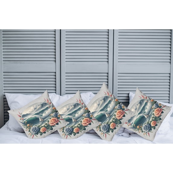 Ambesonne Nautical Throw Pillow Cover Pack of 4, Sailboat in Rose Wreath, 4 Pcs-18" x 18", Teal Salmon and Slate Blue