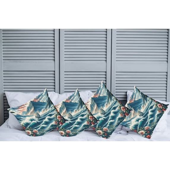 Ambesonne Nautical Throw Pillow Cover Pack of 4, Seascape Waves Mountains, 4 Pcs-36"x36", Sea Blue and Dark Coral