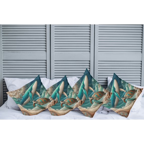 Ambesonne Nautical Throw Pillow Cover Pack of 4, Teal Ocean Whale Turtle, 4 Pcs-26" x 16", Teal Ecru and Pale Cinnamon