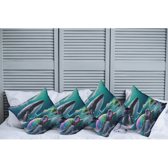 Ambesonne Nautical Throw Pillow Cover Pack of 4, Trippy Turtle with a Whale, 4 Pcs-16" x 16", Teal Multicolor