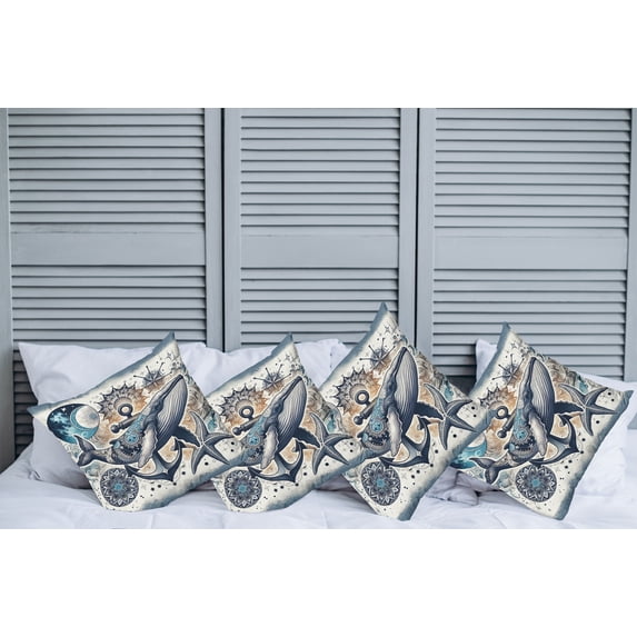 Ambesonne Nautical Throw Pillow Cover Pack of 4, Whale Anchor Mandala Night, 4 Pcs-26" x 26", Indigo Amber