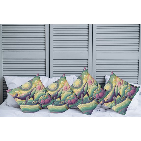 Ambesonne Nautical Throw Pillow Cover Pack of 4, Whale and Turtle Hippie, 4 Pcs-28" x 28", Seafoam Purple and Pink