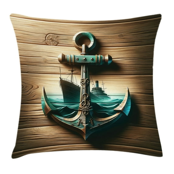 Ambesonne Nautical Throw Pillow Cushion Cover, Anchor with Sailing Ship, 26" X 26", Sand Brown Dark Teal