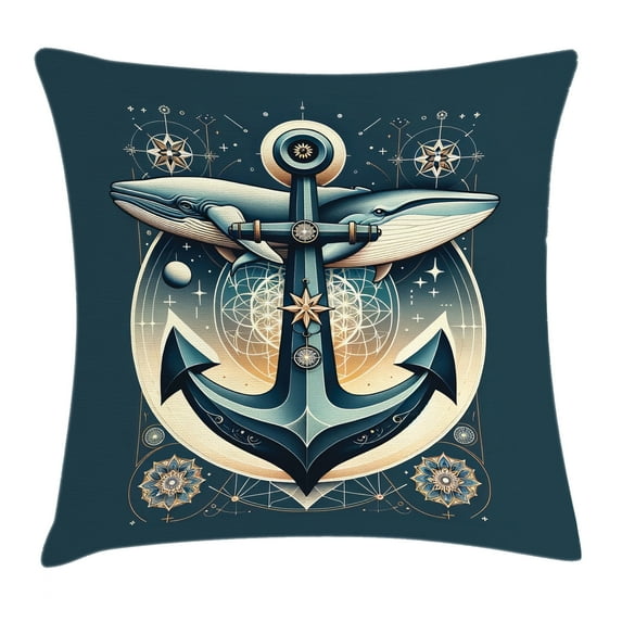 Ambesonne Nautical Throw Pillow Cushion Cover, Anchor with Whales Compass, 26" X 26", Petrol Blue Beige