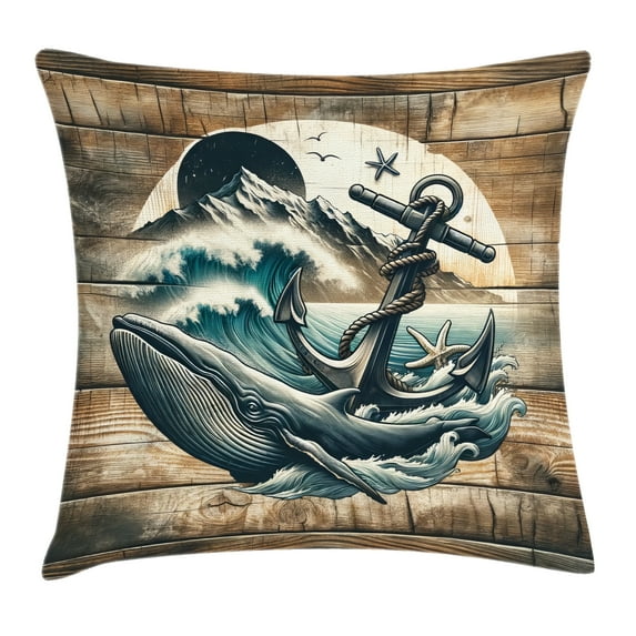 Ambesonne Nautical Throw Pillow Cushion Cover, Cottage Anchor Whale Waves, 28" X 28", Brown and Slate Blue