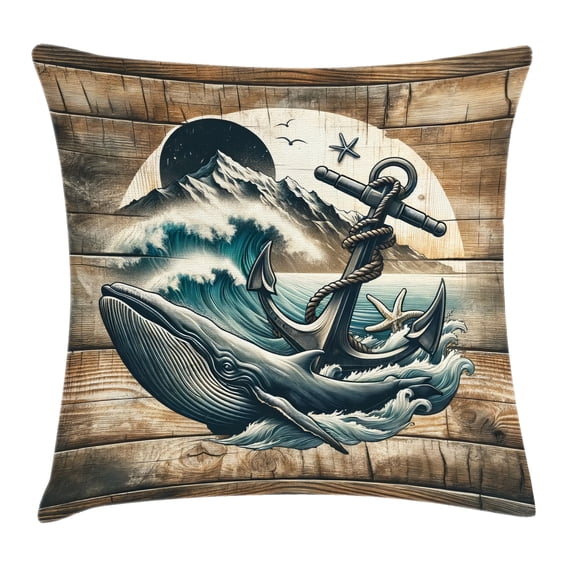 Ambesonne Nautical Throw Pillow Cushion Cover, Cottage Anchor Whale Waves, 36" X 36", Brown and Slate Blue