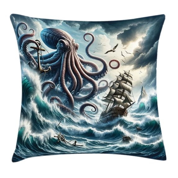 Ambesonne Nautical Throw Pillow Cushion Cover, Fantasy Sea World Kraken, 20" X 20", Teal Mauve
