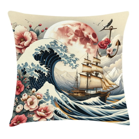 Ambesonne Nautical Throw Pillow Cushion Cover, Floral Japanese Wave Moon, 40" X 40", Blue Pink Eggshell