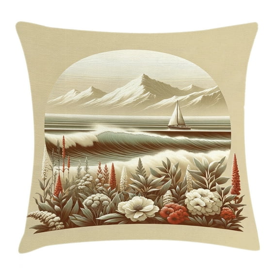 Ambesonne Nautical Throw Pillow Cushion Cover, Floral Sea Shore and Boat, 36" X 36", Grey Yellow Dark Salmon