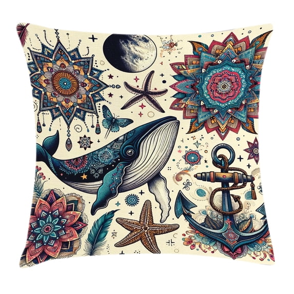 Ambesonne Nautical Throw Pillow Cushion Cover, Mandala Feathers Anchor, 36" X 36", Ivory Teal and Coral
