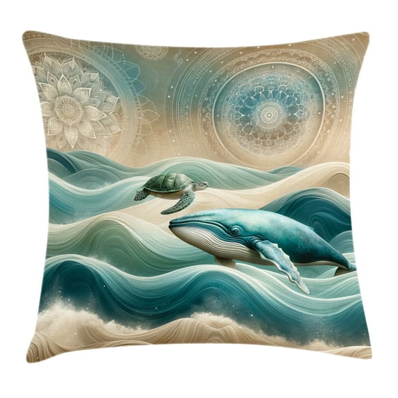 Ambesonne Nautical Throw Pillow Cushion Cover, Mandala Whale and Turtle, 18" X 18", Teal Ecru Blue