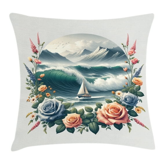 Ambesonne Nautical Throw Pillow Cushion Cover, Sailboat in Rose Wreath, 28" X 28", Teal Salmon and Slate Blue