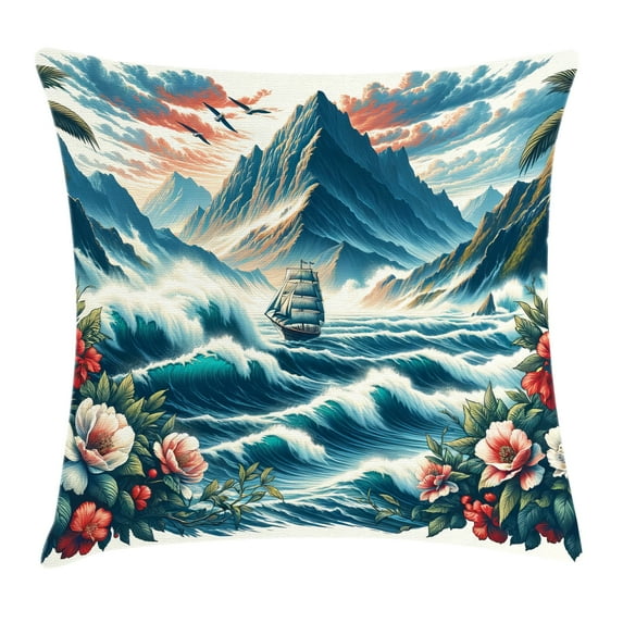 Ambesonne Nautical Throw Pillow Cushion Cover, Seascape Waves Mountains, 18" X 18", Sea Blue and Dark Coral
