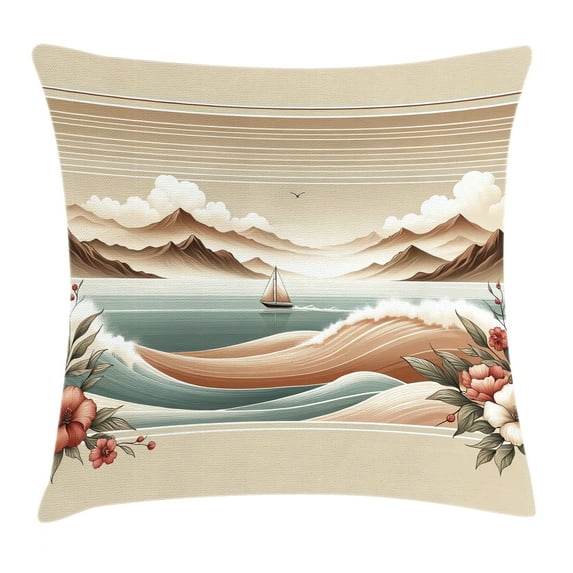 Ambesonne Nautical Throw Pillow Cushion Cover, Serene Horizon Sailboat, 20" X 20", Tan Sepia and Pale Seafoam