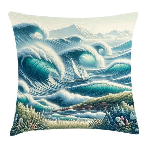 Ambesonne Nautical Throw Pillow Cushion Cover, Swirling Huge Waves Boat, 40" X 40", Reseda Green Teal and Blue