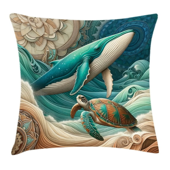 Ambesonne Nautical Throw Pillow Cushion Cover, Teal Ocean Whale Turtle, 40" X 40", Teal Ecru and Pale Cinnamon