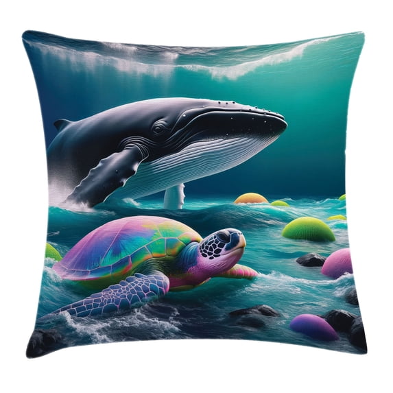 Ambesonne Nautical Throw Pillow Cushion Cover, Trippy Turtle with a Whale, 36" X 36", Teal Multicolor