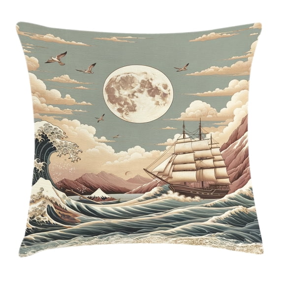 Ambesonne Nautical Throw Pillow Cushion Cover, Waves Ship Japanese Style, 28" X 28", Pale Teal Tan Dried Rose