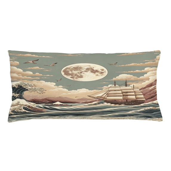 Ambesonne Nautical Throw Pillow Cushion Cover, Waves Ship Japanese Style, 36" X 16", Pale Teal Tan Dried Rose
