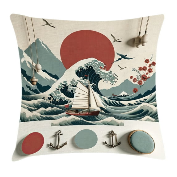 Ambesonne Nautical Throw Pillow Cushion Cover, Waves Sun Sakura Anchor, 24" X 24", Pale Ruby and Cadet Blue