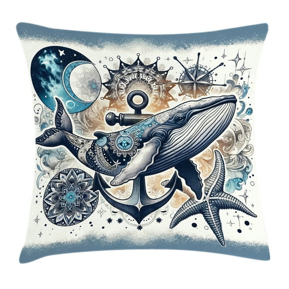 Ambesonne Nautical Throw Pillow Cushion Cover, Whale Anchor Mandala Night, 24" X 24", Indigo Amber
