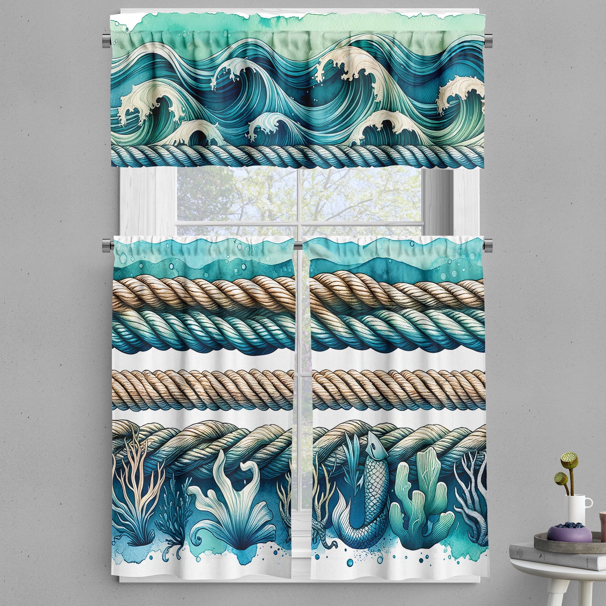 Seafoam Beige Soft Blue Nautical Kitchen Curtain Set