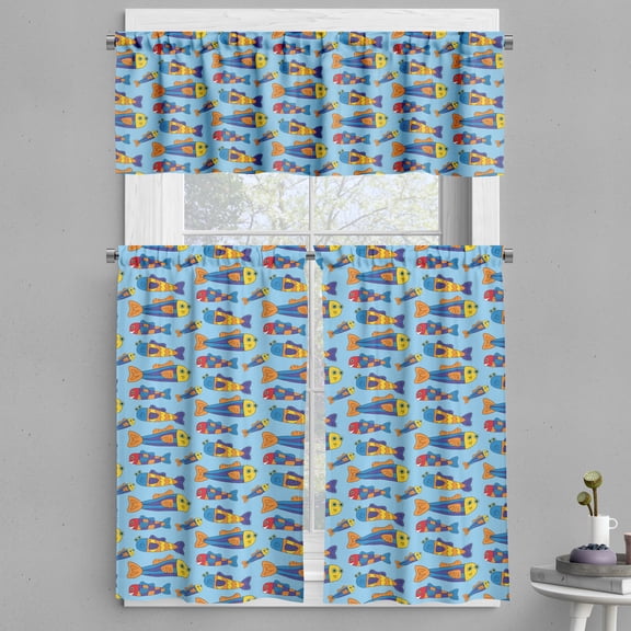 Ambesonne Nautical Valance & Curtain, Funny Colorful Fish Art, 55"x24", Marigold and Royal Blue