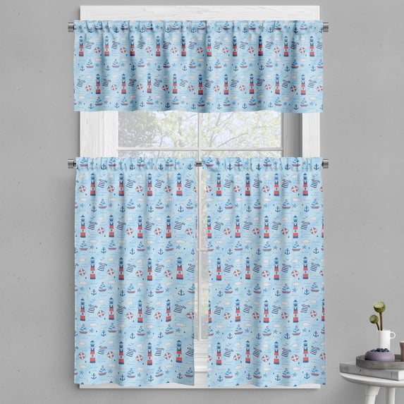 Ambesonne Nautical Valance & Curtain, Minimal Marine Lighthouse, 55"x45", Pale Blue and Dark Coral