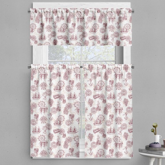 Ambesonne Nautical Valance & Curtain, Ship Compass Wheel, 55"x30", Raspberry Pale Peach