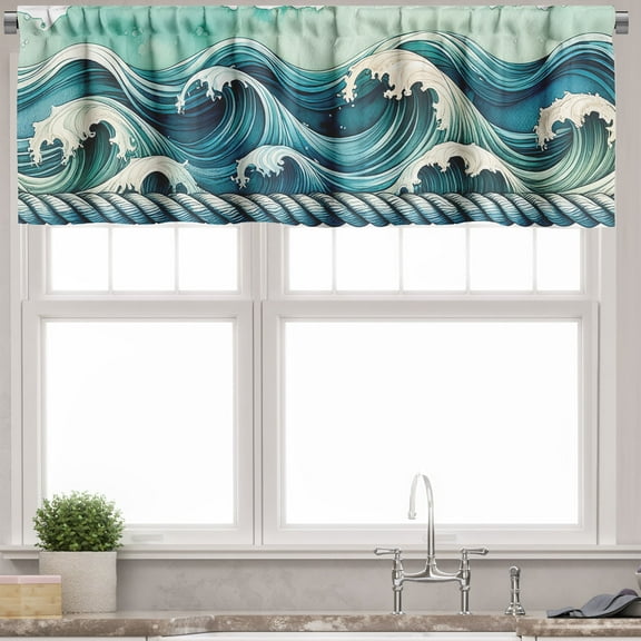 Ambesonne Nautical Valance Pack of 2, Cyan Art Japan Waves Print, 42"X12", Seafoam Turquoise Ivory