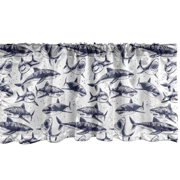 Ambesonne Nautical Valance Pack of 2, Underwater Shark Sketch, 54"X12", Dark Indigo and White