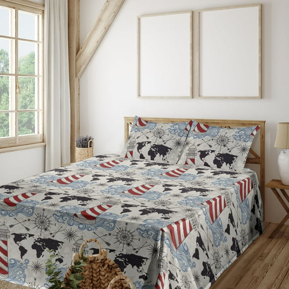 Ambesonne Nautical Vibes Fitted & Flat Sheet with Sham 3 Pcs Set, Adventure Lighthouse, Twin XL, Pale Eggshell Raspberry