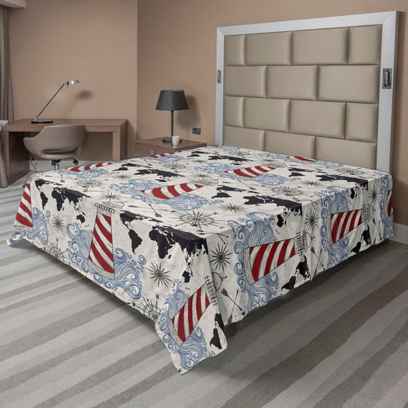 Ambesonne Nautical Vibes Flat Bedding Sheet Soft Top Sheet, Adventure Lighthouse, King, Pale Eggshell Raspberry