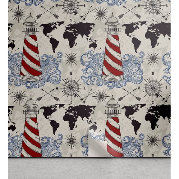 Ambesonne Nautical Vibes Peel & Stick Wallpaper for Home, Adventure Lighthouse, 13"x100", Pale Eggshell Raspberry