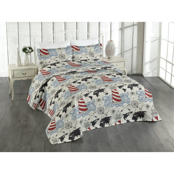 Ambesonne Nautical Vibes Quilted Bedspread Set 3 Pcs, Adventure Lighthouse, Queen, Pale Eggshell Raspberry