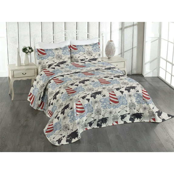 Ambesonne Nautical Vibes Quilted Coverlet 2 Pcs, Adventure Lighthouse, Twin Size, Pale Eggshell Raspberry