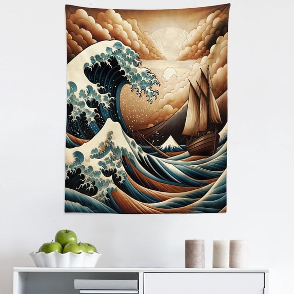 Ambesonne Nautical Wall Hanging Tapestry, Ethnic Japanese Ocean Boat, 23"x28", Cinnamon and Petrol Blue