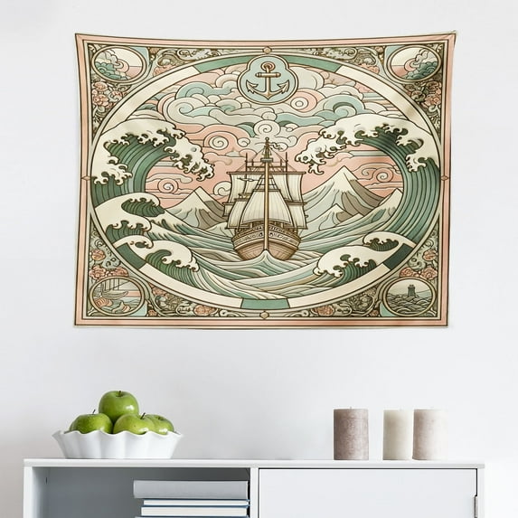 Ambesonne Nautical Wall Hanging Tapestry, Folk Art Style Marine Look, 28"x23", Blush Cadet Blue and Ecru
