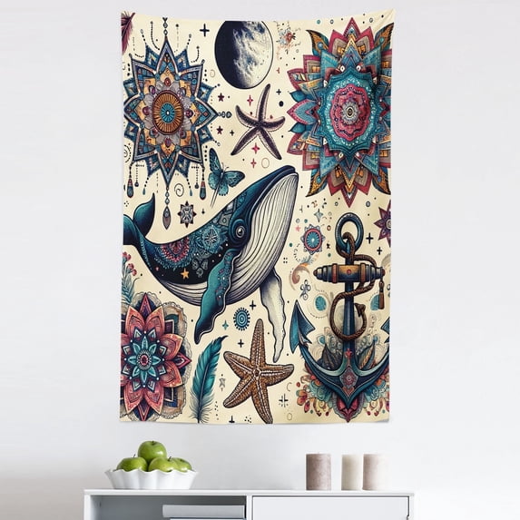 Ambesonne Nautical Wall Hanging Tapestry, Mandala Feathers Anchor, 30"x45", Ivory Teal and Coral