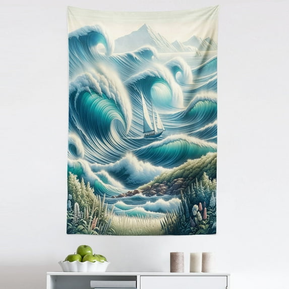 Ambesonne Nautical Wall Hanging Tapestry, Swirling Huge Waves Boat, 30"x45", Reseda Green Teal and Blue