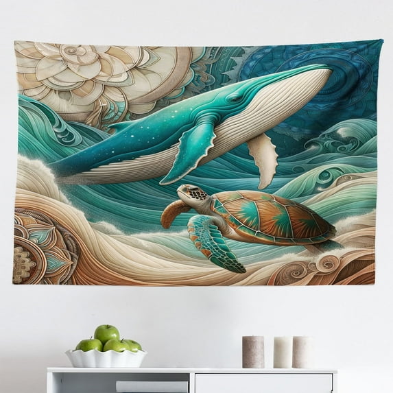 Ambesonne Nautical Wall Hanging Tapestry, Teal Ocean Whale Turtle, 45"x30", Teal Ecru and Pale Cinnamon