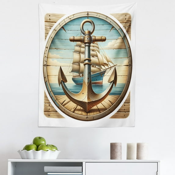 Ambesonne Nautical Wall Hanging Tapestry, Vintage Maritime Anchor, 23"x28", Pale Brown and Soft Blue