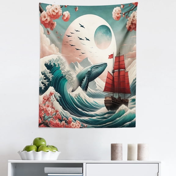 Ambesonne Nautical Wall Hanging Tapestry, Whale Sakura Spring Ocean, 23"x28", Teal Blush and Dark Coral