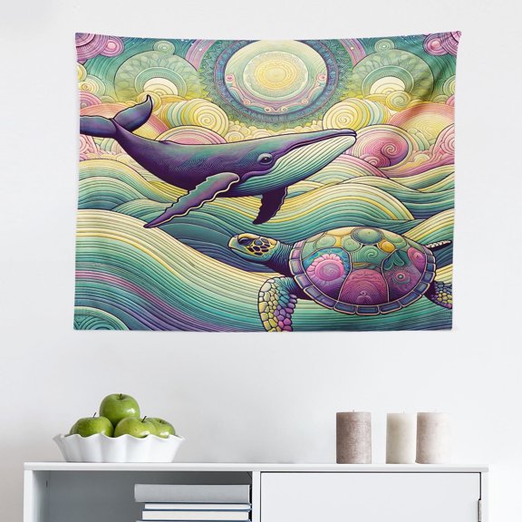 Ambesonne Nautical Wall Hanging Tapestry, Whale and Turtle Hippie, 28"x23", Seafoam Purple and Pink